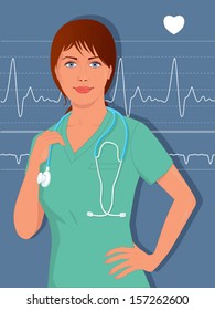Young female nurse or doctor in scrubs, heart monitor on the background