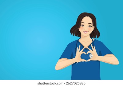 Young female nurse or doctor with stethoscope making heart shape with hands. Vector illustration on blue background