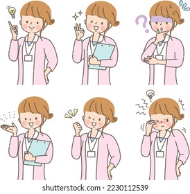 Young female nurse facial expression illustration set