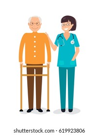 Young female nurse helping senior man to use walking frame. Vector flat  illustration