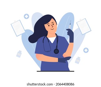 young female nurse  holding syringe with vaccine from virus flat illustration. hospital concept.