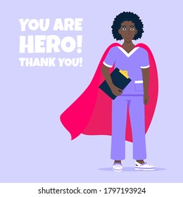 Young female nurse hospital medical employee with hero cape behind fights against diseases and viruses on frontline flat style vector illustration. Future doctor or surgeon medical clinic staff hero.