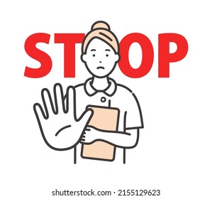 Young female nurse. A pose to stop the opponent.