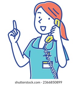 Young female nurse responding on the phone while pointing