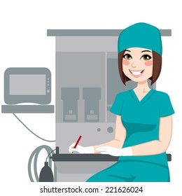 Young female nurse working writing documents in front of anesthetist medical equipment machine