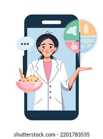 A young female nutritionist on a smartphone screen. A mobile application with health monitoring. Online consultation. Weight loss. Vector illustration in cartoon style