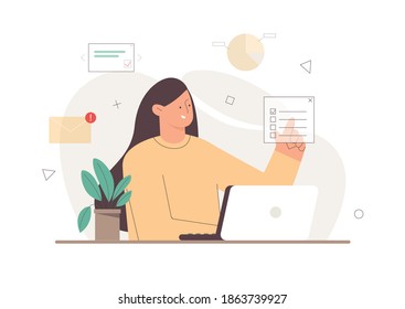 Young female office worker character working with a laptop, pointing finger on check mark. On the background are icons for charts, diagrams, and infographics. Flat vector cartoon illustration.