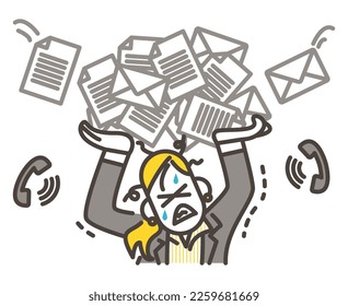 Young female office worker with an overload of work [Vector illustration of a person].
