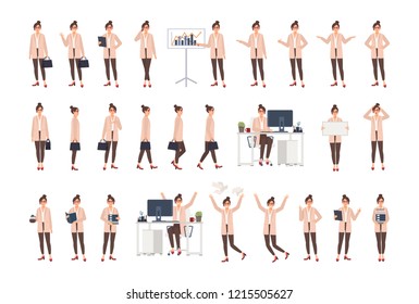 Young female office worker wearing smart clothing in various positions, moods, situations and expressing different emotions. Flat cartoon character isolated on white background. Vector illustration.