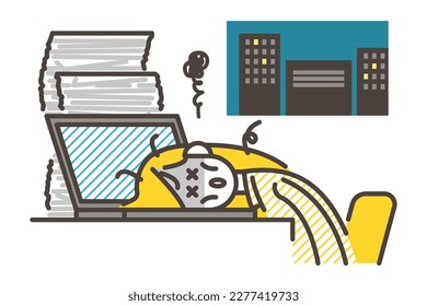 Young female office worker working late night overtime and lying down at her desk [Vector illustration].