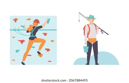 Young Female on Climbing Wall and Male with Fishing Rod Vector Set