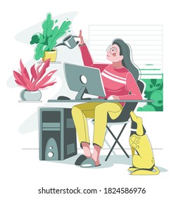 Young female on the remote work  irrigation her plants with her dog vector illustration