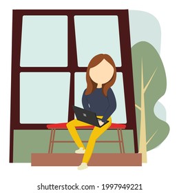Young female on the remote work  on white background - Vector