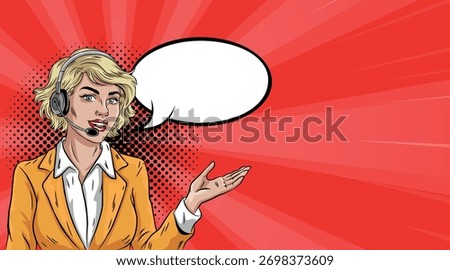 Young female operator wearing a speech bubble. Vector illustration in pop art comic style.