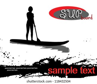 young female paddles a paddleboard. Grunge vector illustration.