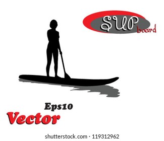 young female paddles a paddleboard. Grunge vector illustration.