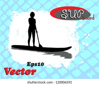 young female paddles a paddleboard. Grunge vector illustration.