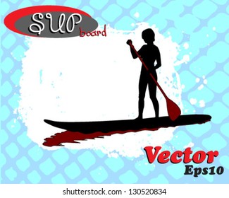 young female paddles a paddleboard. Grunge vector illustration.