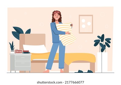 Young female in pajama. Woman in evening with cosmetic mask make bed. Character gets ready for sleep at night. Rest after work and comfortable and cozy bedroom. Cartoon flat vector illustration