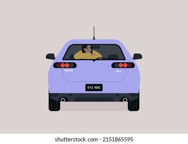 A young female passenger seating on the backseat of a sedan car