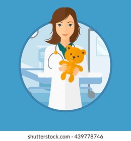 Young female pediatrician doctor holding a teddy bear. Professional pediatrician doctor with a teddy bear in the hospital room. Vector flat design illustration in the circle isolated on background.