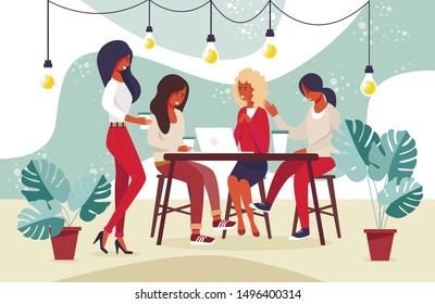 Young Female People Community Sharing Ideas, Thoughts and News. Women Sitting at Table in Cafe or Coworking Office. Staff or Friends Meeting at Informal Setting. Vector Flat Cartoon Illustration