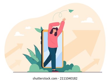 Muchacha saliendo de un enorme teléfono móvil. Límite de tiempo en smartphone usando ilustración vectorial plana. Desintoxicación digital, tecnología, concepto de estilo de vida para banner, diseño de sitios web o página web de inicio