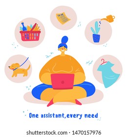 A young female personal assistant is sitting at a computer and solving a problem. There are many to-do list tasks around her. Multitasking helper.One assistant, every need concept.Vector illustration.