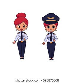 Young female pilot. Cheerful airline in the form. Smiling woman vector illustration flat design.
