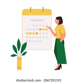 Young female planning a project working. Planning concept. Time management, menstruation periods, life events notification. Calendar. Vector illustration in flat style.