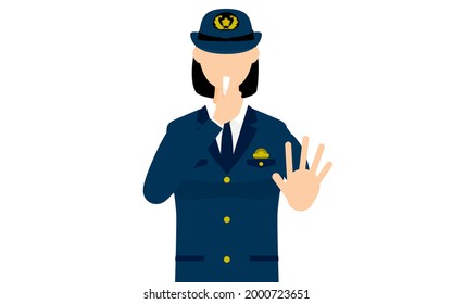 Young female police officer posing, Blowing a whistle to stop