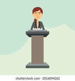 Young Female Politician Behind Podium, Woman Profession Flat Vector Graphic Style