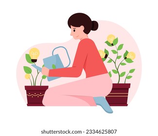 Young female powering light bulbs, watering plants. Eco-technology for electricity generation. Green energy source in everyday life. Flat vector illustration in red colors