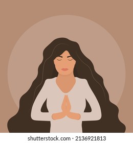 Young female pray hand pose. Flat vector character illustration in prayer pose. 