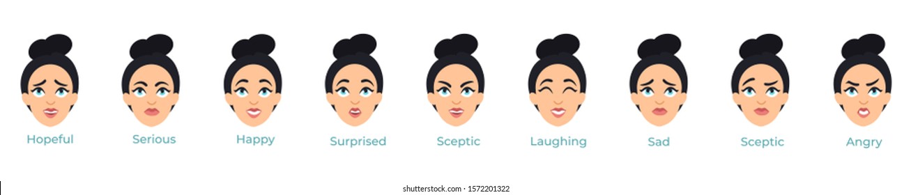 Young female pretty face with different expressions set vector illustration. Emotions of woman avatars showing anger, sadness, surprised, happiness,sceptic, serious flat style on white background