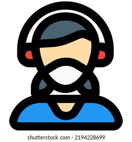 Young female professional with headphones and mask.