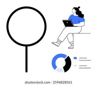 Young female professional working on laptop while sitting, with large magnifying glass and pie chart. Ideal for business analysis, data visualization, research, presentations, education, marketing