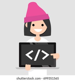 Young female programmer pointing on the closing bracket tag on a laptop screen / flat editable vector illustration, clip art