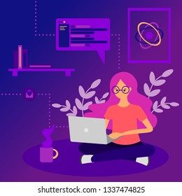Young female programmer sitting in the floor with laptop and cup of coffee. Girl with laptop is writing code. Concept of STEM girl geek in violet and pink colors. Software development and programming.