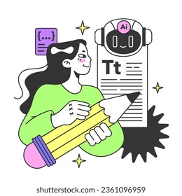 Young female prompt-engineer writing a prompt to a artificial neuron network. Artificial intelligence development. Character using AI to create a text or an image. Flat vector illustration