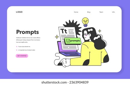 Young female prompt-engineer writing a prompt to a artificial neuron network web banner or landing page. Artificial intelligence development. Character using AI. Flat vector illustration