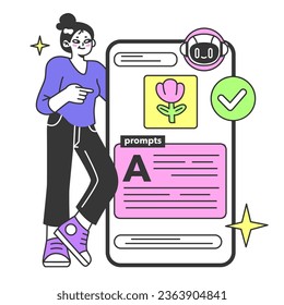 Young female prompt-engineer writing a prompt to a artificial neuron network. Artificial intelligence development. Character using AI to create a text or an image. Flat vector illustration