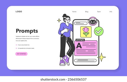 Young female prompt-engineer writing a prompt to a artificial neuron network web banner or landing page. Artificial intelligence development. Character using AI. Flat vector illustration