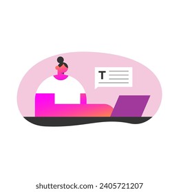 Young Female Prompt-engineer writing a prompt to an artificial network. Artificial intelligence development. Character using AI to create a text or an image. Flat vector illustration.