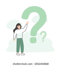 Young female raise hand to ask questions. Information answer, question mark, online service answer concept. Vector illustration 