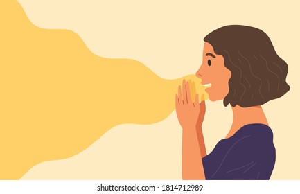 Young female raises both hands hear mouth to speak out loud. Concept of advertising, announcement, speaking, speak out, call out, blank space for massage, business marketing. Flat vector illustration.