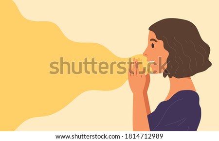 Young female raises both hands hear mouth to speak out loud. Concept of advertising, announcement, speaking, speak out, call out, blank space for massage, business marketing. Flat vector illustration.