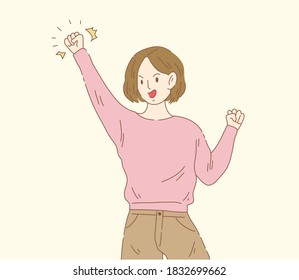 Young female raising left hand and smiling. Happy action. Glad feeling. Minimal style flat vector illustration character.