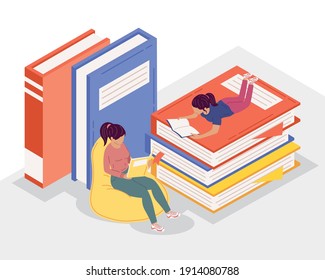 young female readers reading books ,book day celebration vector illustration design