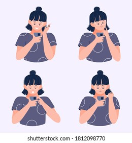 Young Female reads message on smartphone with different expression, emotions and reaction to information when using mobile phone vector illustration.